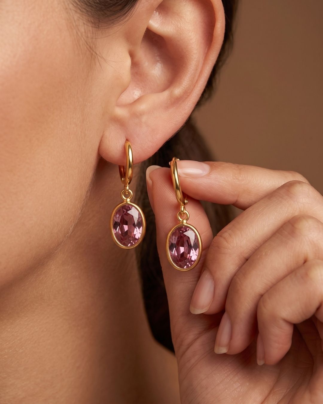 Pink Oval Stone Hoop Drop Earrings for Women