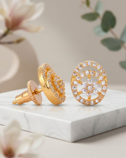 Gold Tone Halo Floral AD Stud Earrings