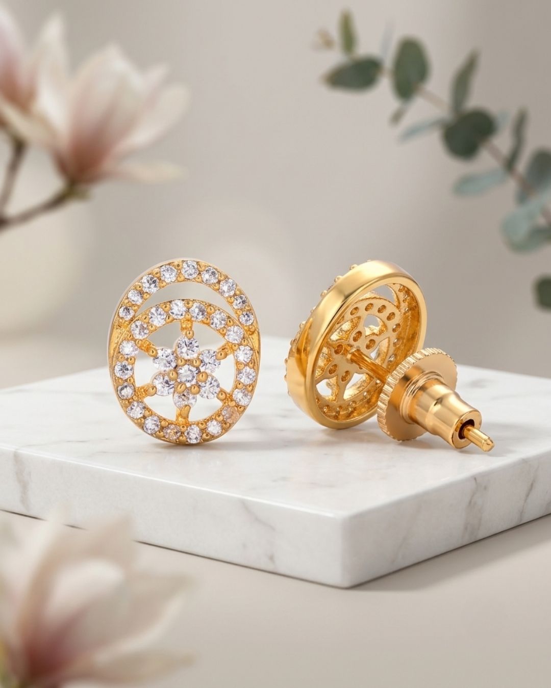 Gold Tone Halo Floral AD Stud Earrings