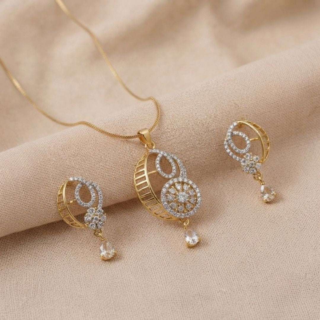 Crescent Spark Gold Finish American Diamond Pendant Set