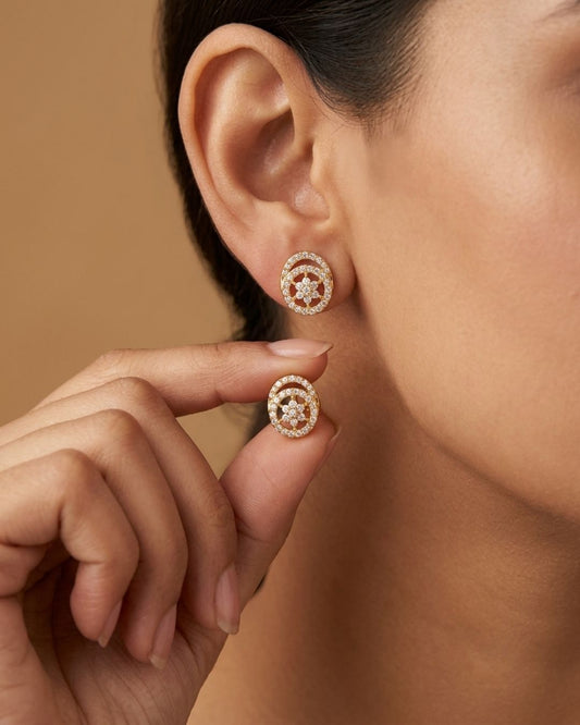 Gold Tone Halo Floral AD Stud Earrings
