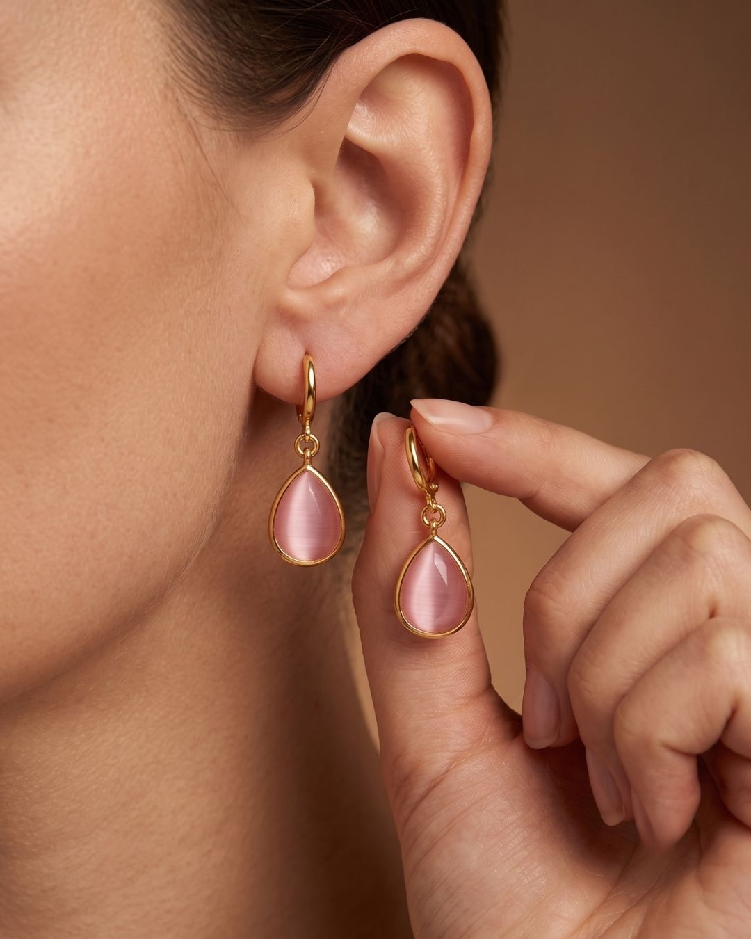 Pink Teardrop Stone Hoop Drop Earrings for Women