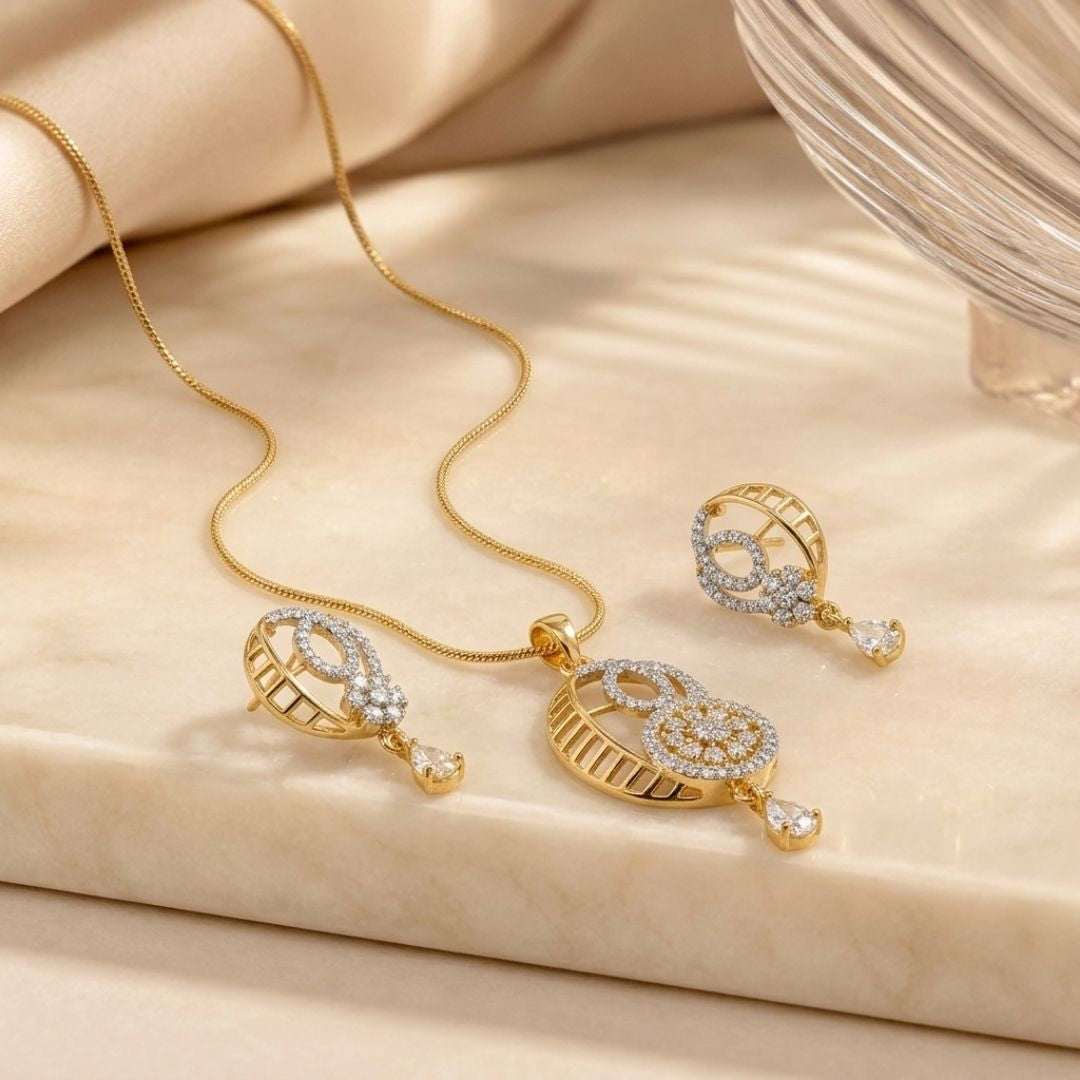 Crescent Spark Gold Finish American Diamond Pendant Set