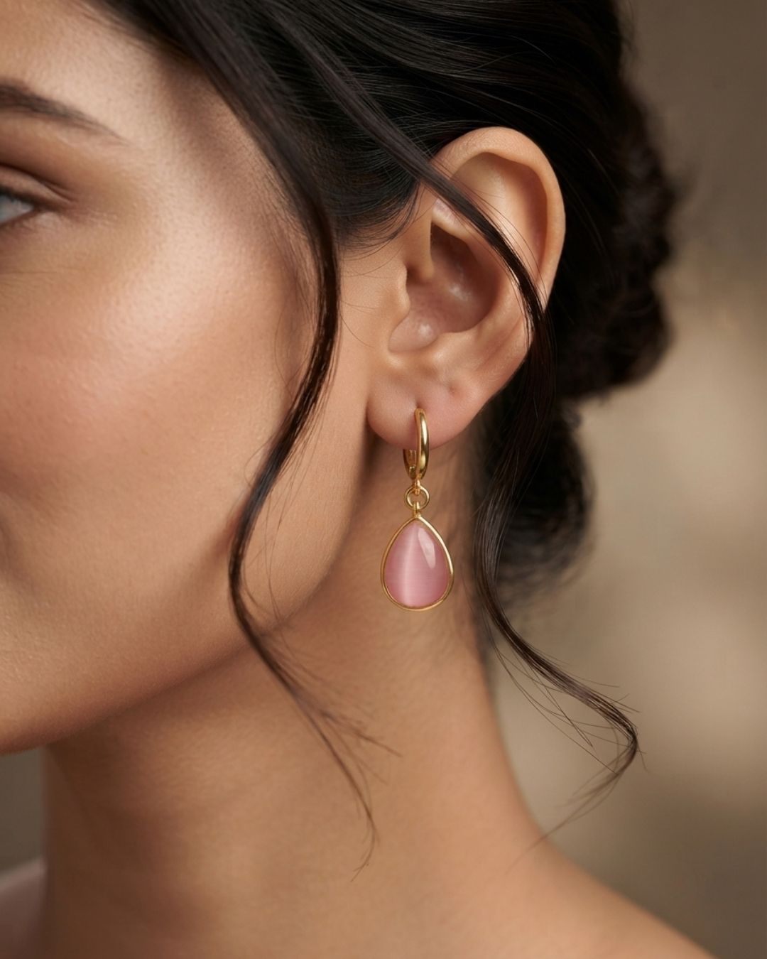 Pink Teardrop Stone Hoop Drop Earrings for Women