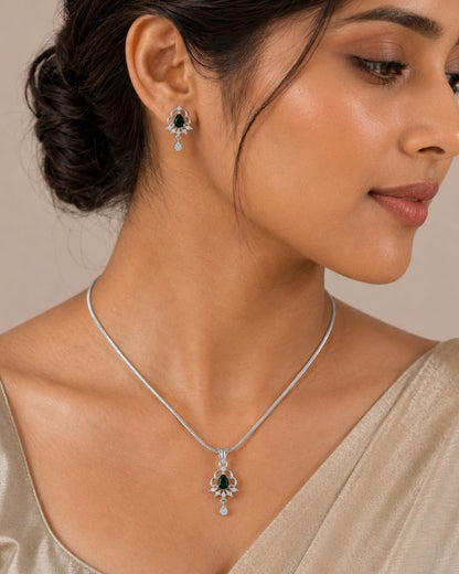 Emerald Elegance Silver Finish AD Pendant Set