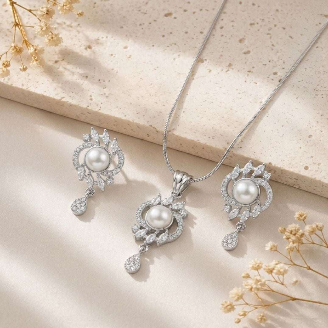 Pearl Halo Silver Finish Designer Pendant Set