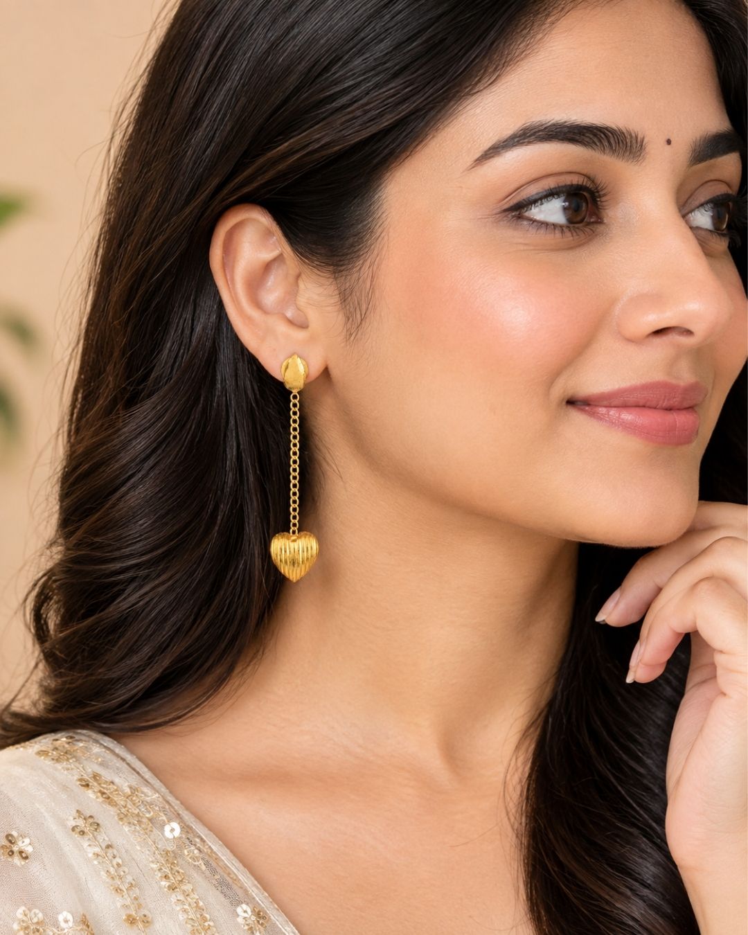 Gold Tone Handmade Heart Chain Dangle Earrings