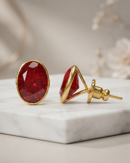 Red Oval Stone Stud Earrings for Women