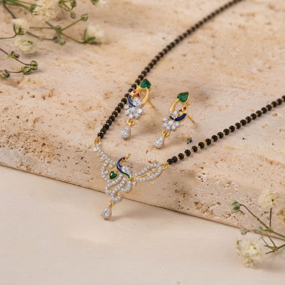 Designer Peacock AD Mangalsutra with Black Beads