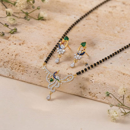 Designer Peacock AD Mangalsutra with Black Beads