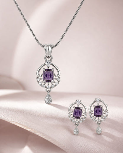 Royal Amethyst Silver Finish Antique Pendant Set