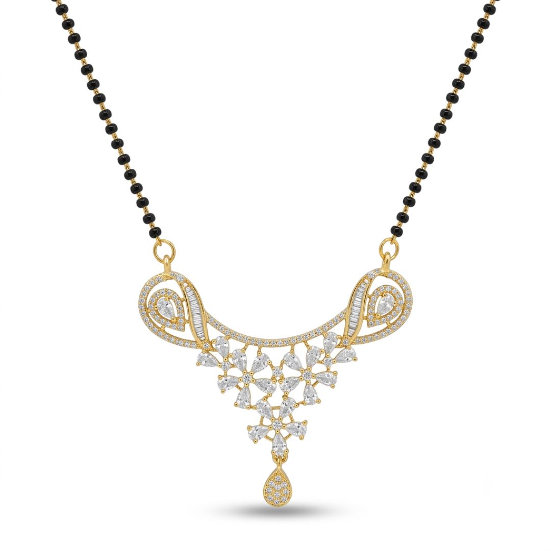Gold mangalsutra necklace with black beads and a floral diamond pendant
