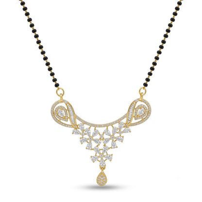 Gold mangalsutra necklace with black beads and a floral diamond pendant