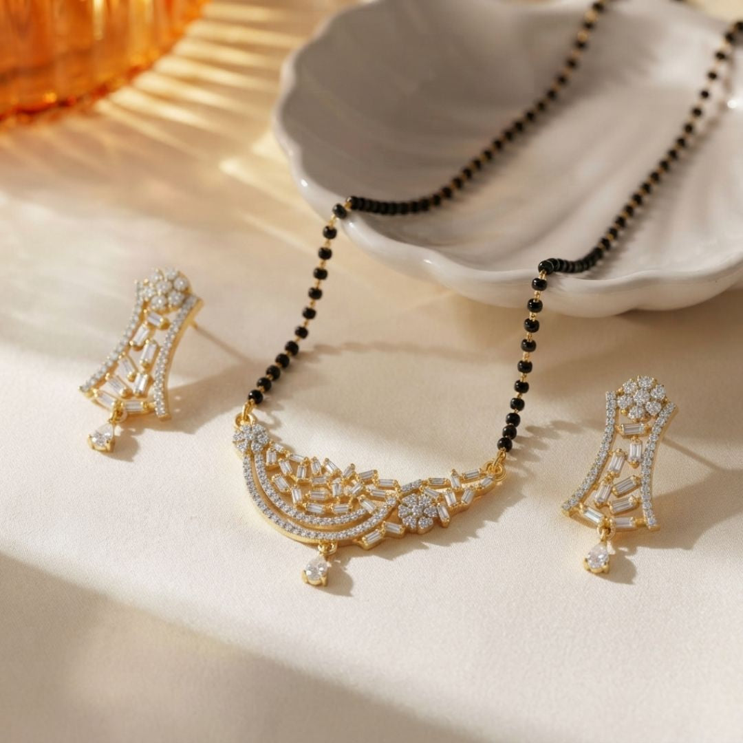Gold Finish American Diamond Black Beads Designer Mangalsutra Set