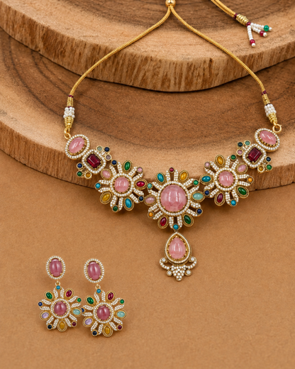 Sabyasachi Inspired Pink Turkish Pota Necklace Set