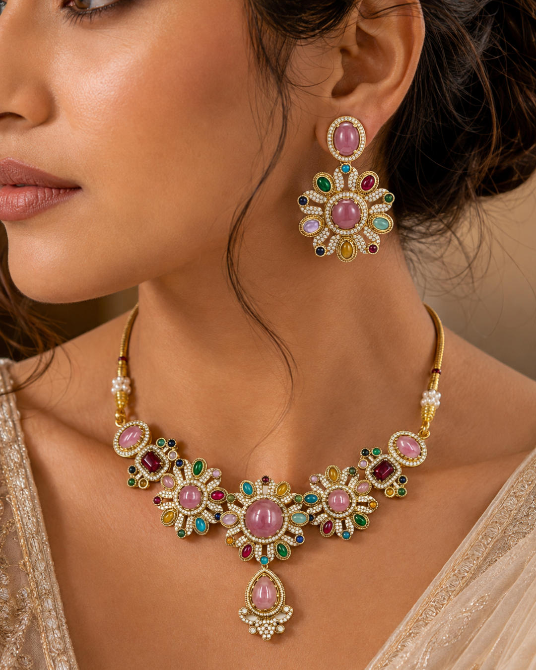 Sabyasachi Inspired Pink Turkish Pota Necklace Set