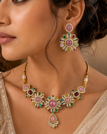 Sabyasachi Inspired Pink Turkish Pota Necklace Set