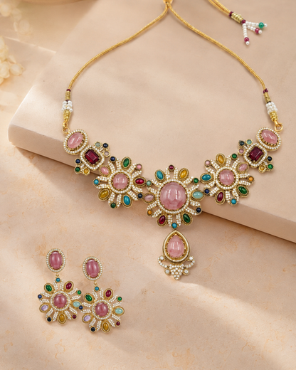 Sabyasachi Inspired Pink Turkish Pota Necklace Set