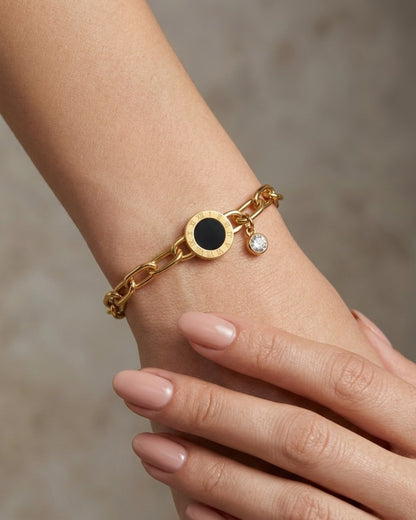 Black Medallion & Crystal Charm Chain Bracelet for Women