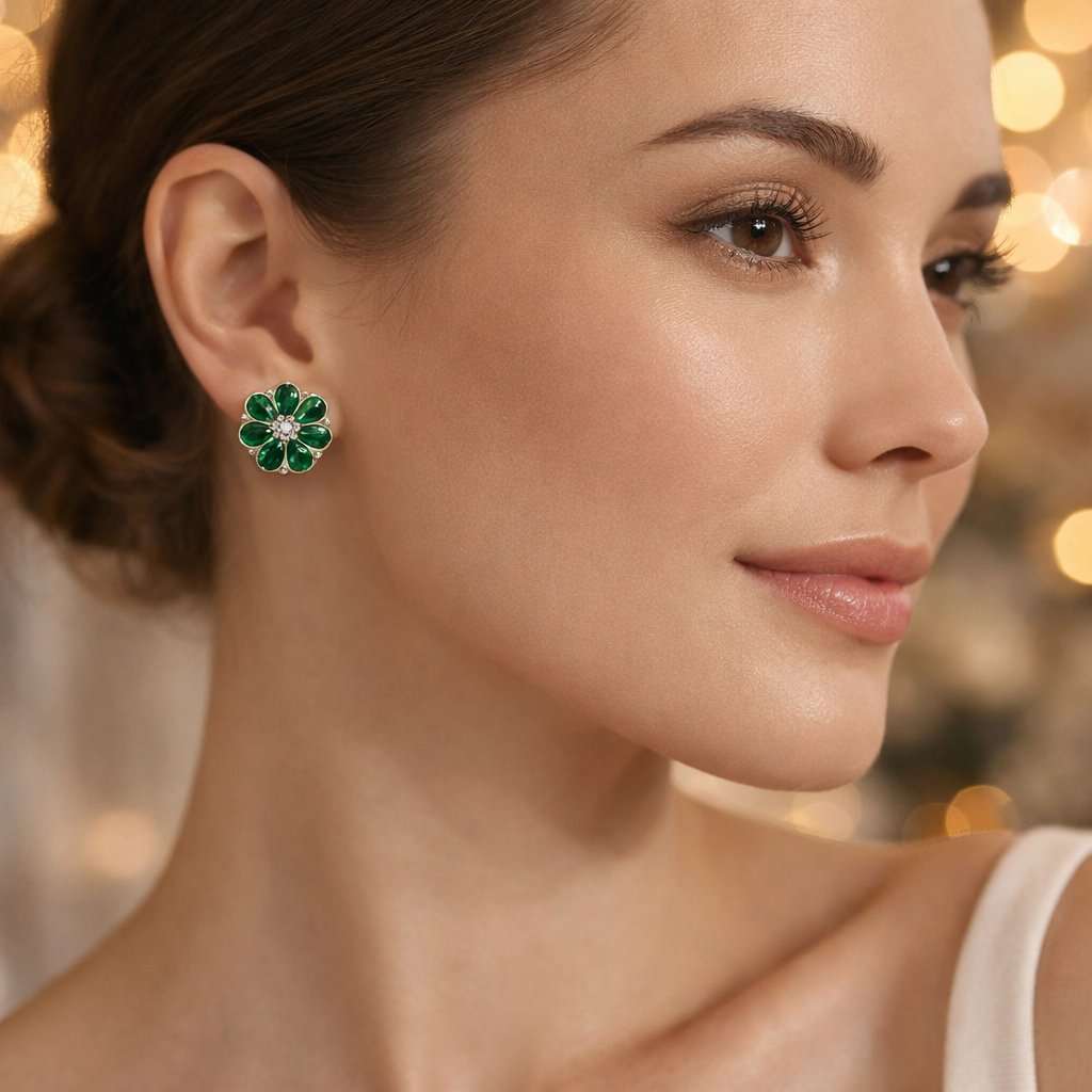 Close-up of a woman wearing emerald green floral earrings with a blurred background