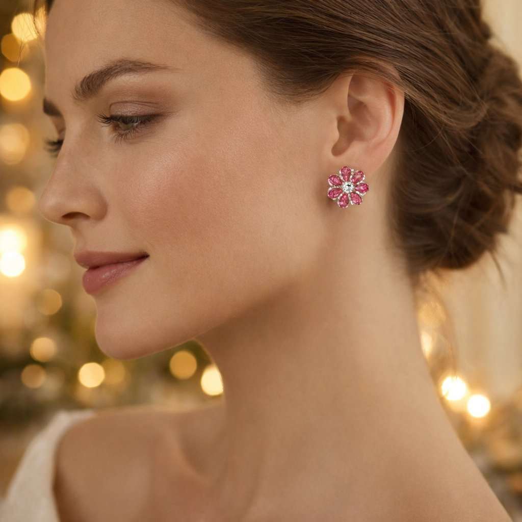 Close-up of a woman wearing pink floral AD Earrings for Women with a blurred lights background