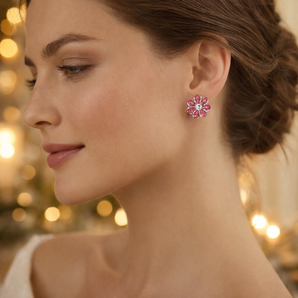 Close-up of a woman wearing pink floral AD Earrings for Women with a blurred lights background
