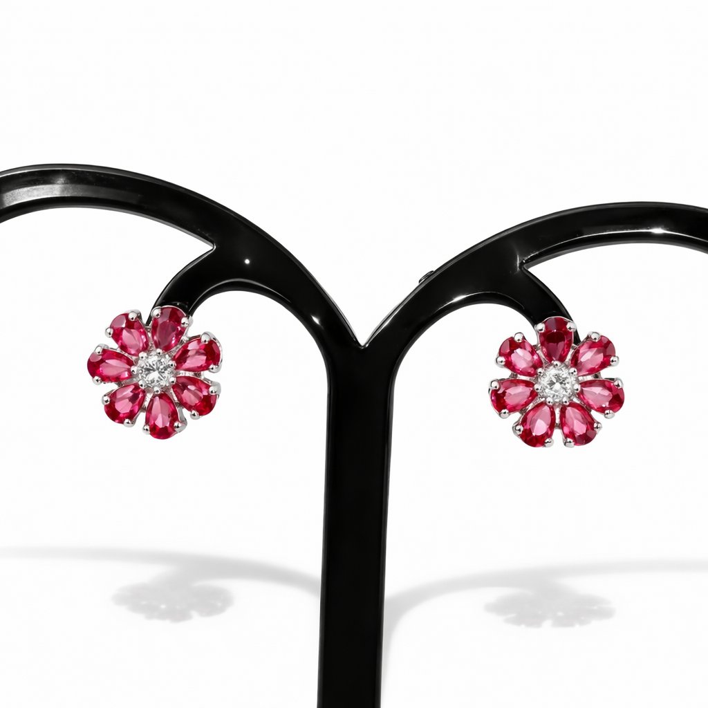 Flower-shaped pink gemstone AD Earrings for Women on a black stand with a white background