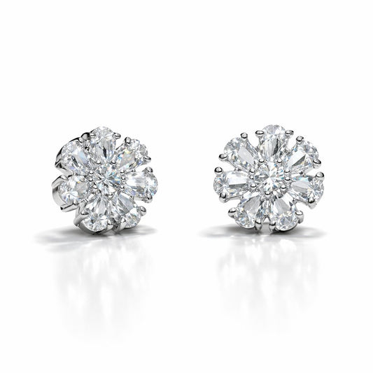 Flower-shaped White gemstone AD Earrings for Women on a black stand with a white background