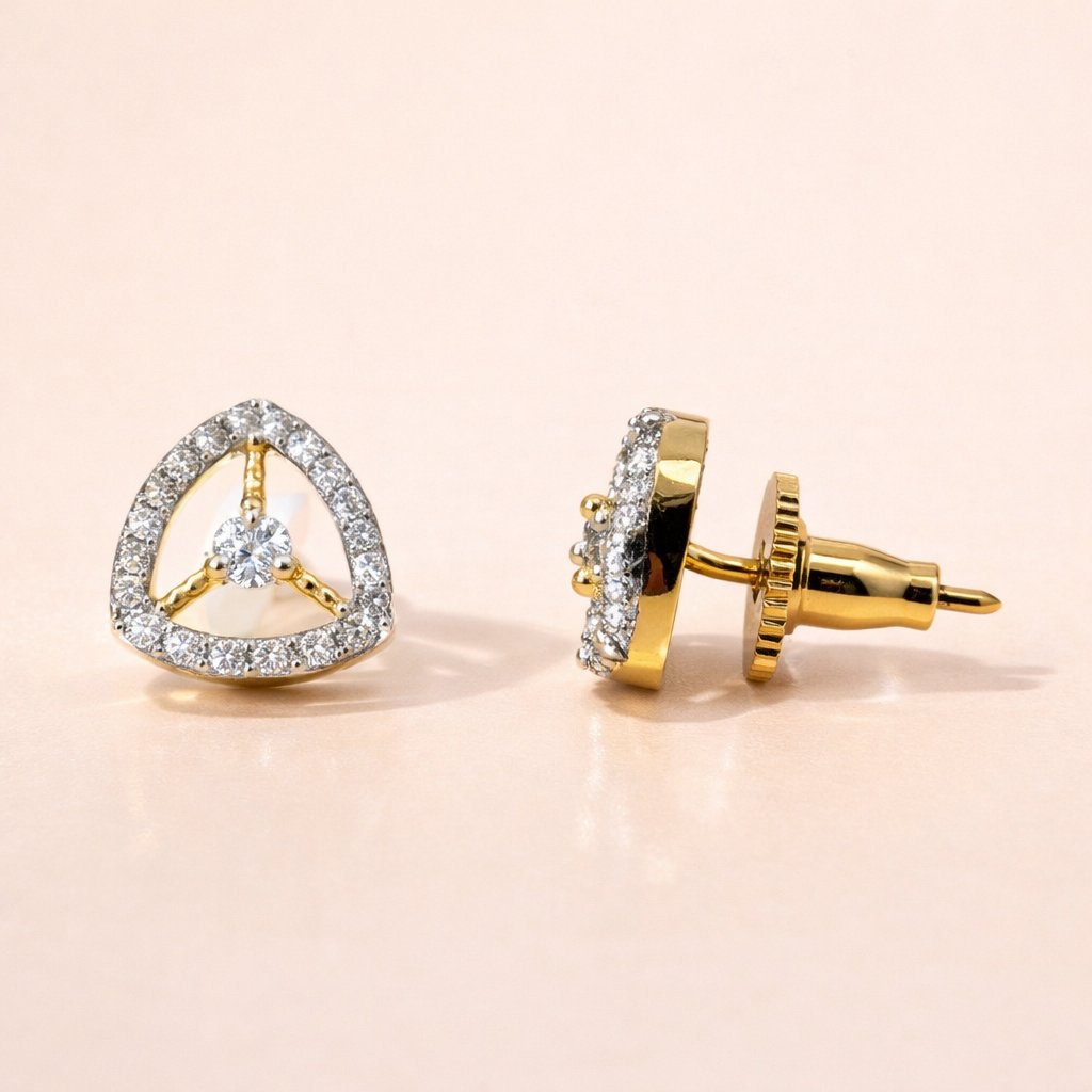 Gold AD Earrings for Women with diamond accents on a beige background