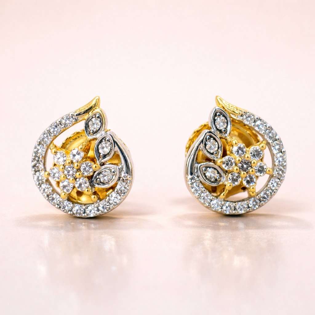 Gold AD Earrings for Women with diamond accents on a beige background