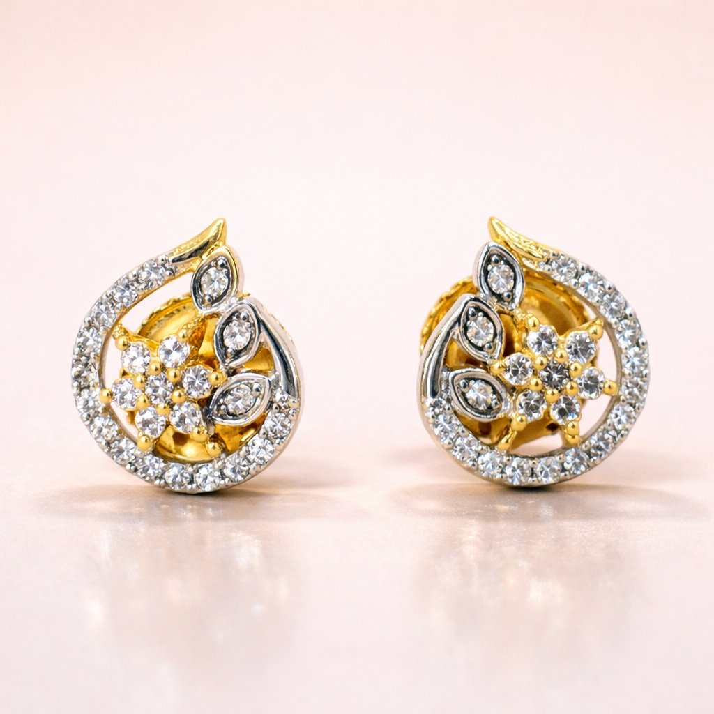 Gold AD Earrings for Women with diamond accents on a beige background