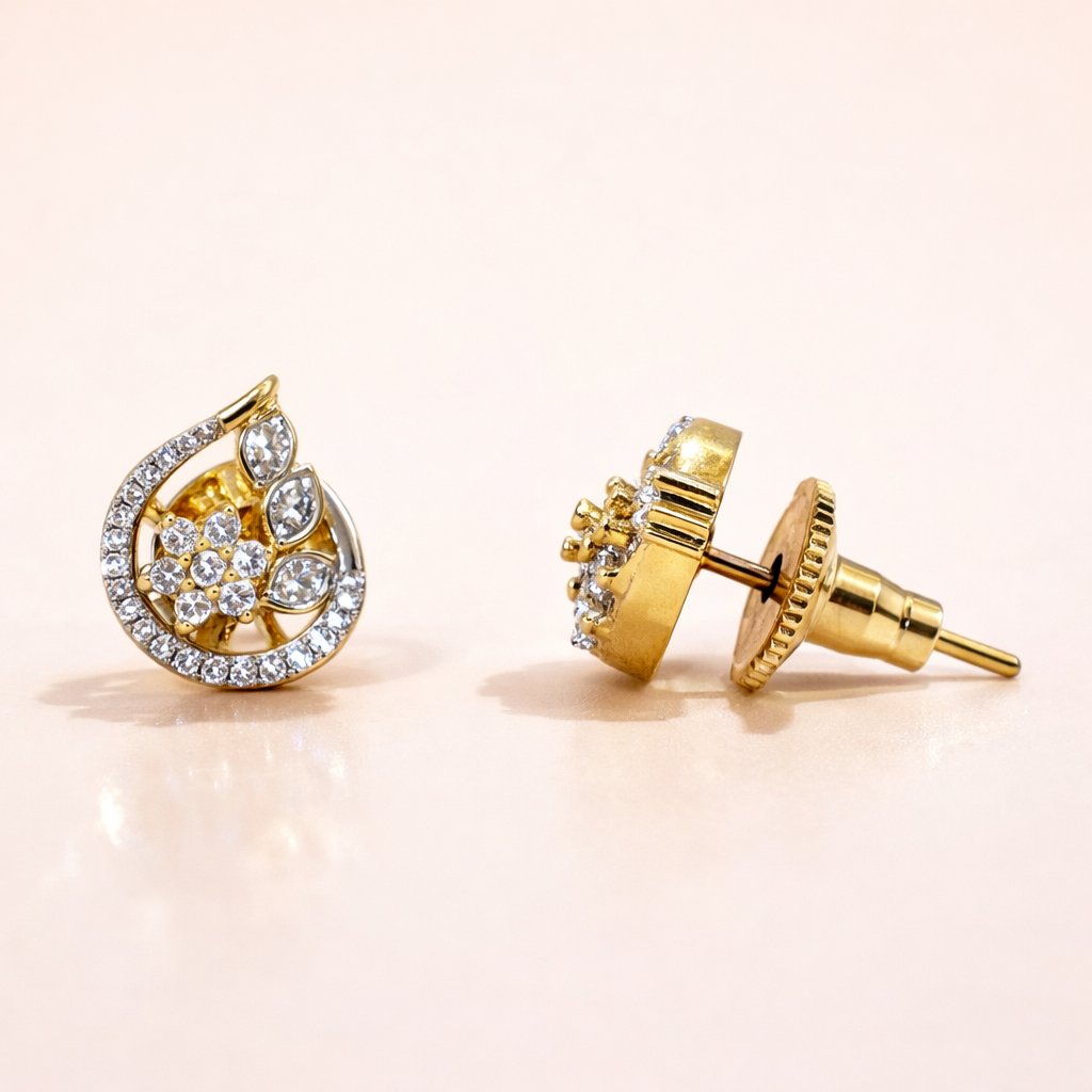 Gold AD Earrings for Women with diamond accents on a light pink background