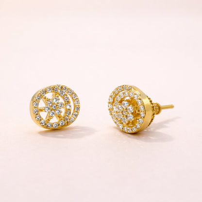 Gold AD Earrings for Women with diamond accents on a light pink background