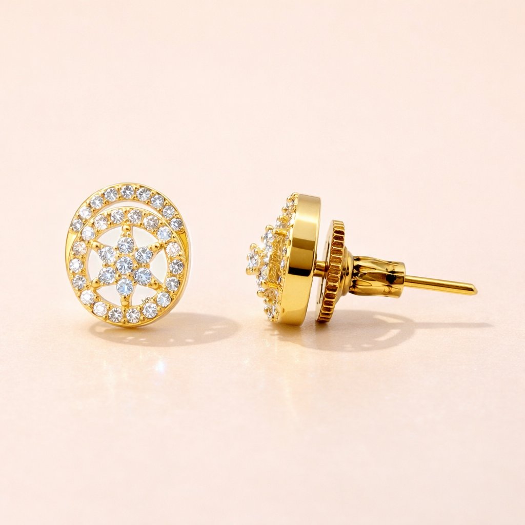 Gold AD Earrings for Women with diamond accents on a beige background