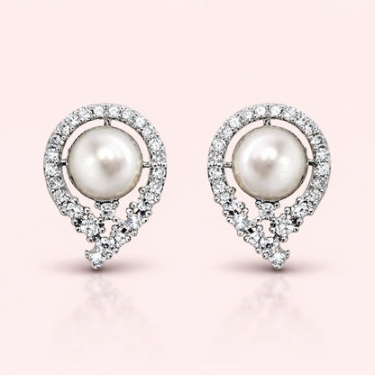 Pearl AD Earrings for Women with diamond accents on a pink background