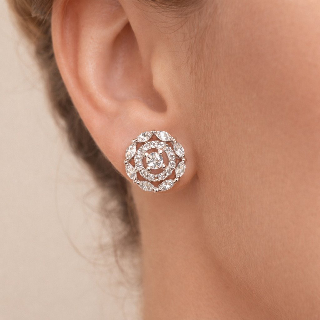 Close-up of a diamond AD Earrings for Women on an ear with a neutral background