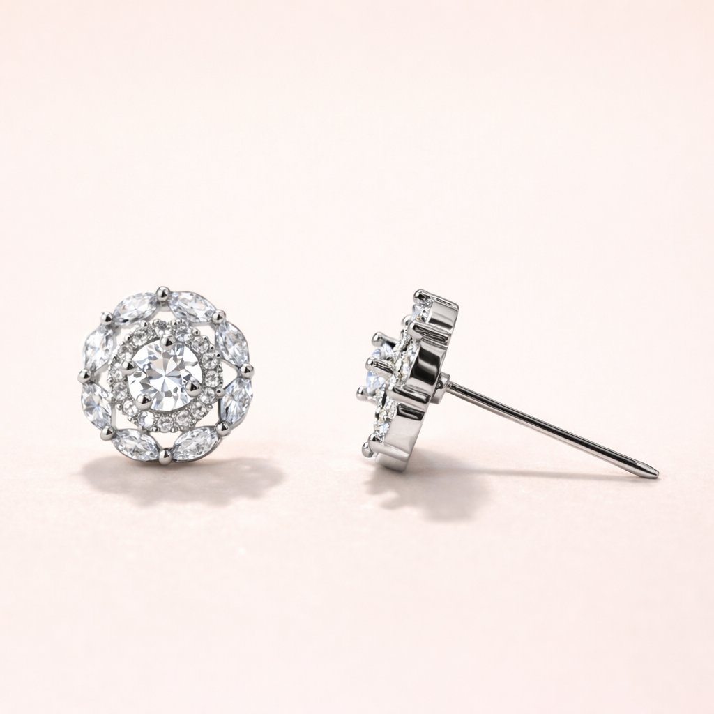 Pair of diamond stud AD Earrings for Women on a light pink background