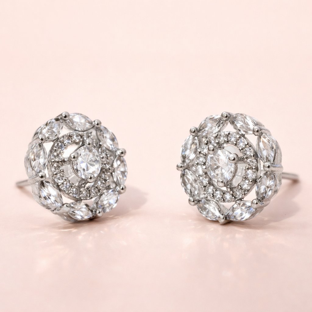 Pair of diamond AD Earrings for Women on a light pink background