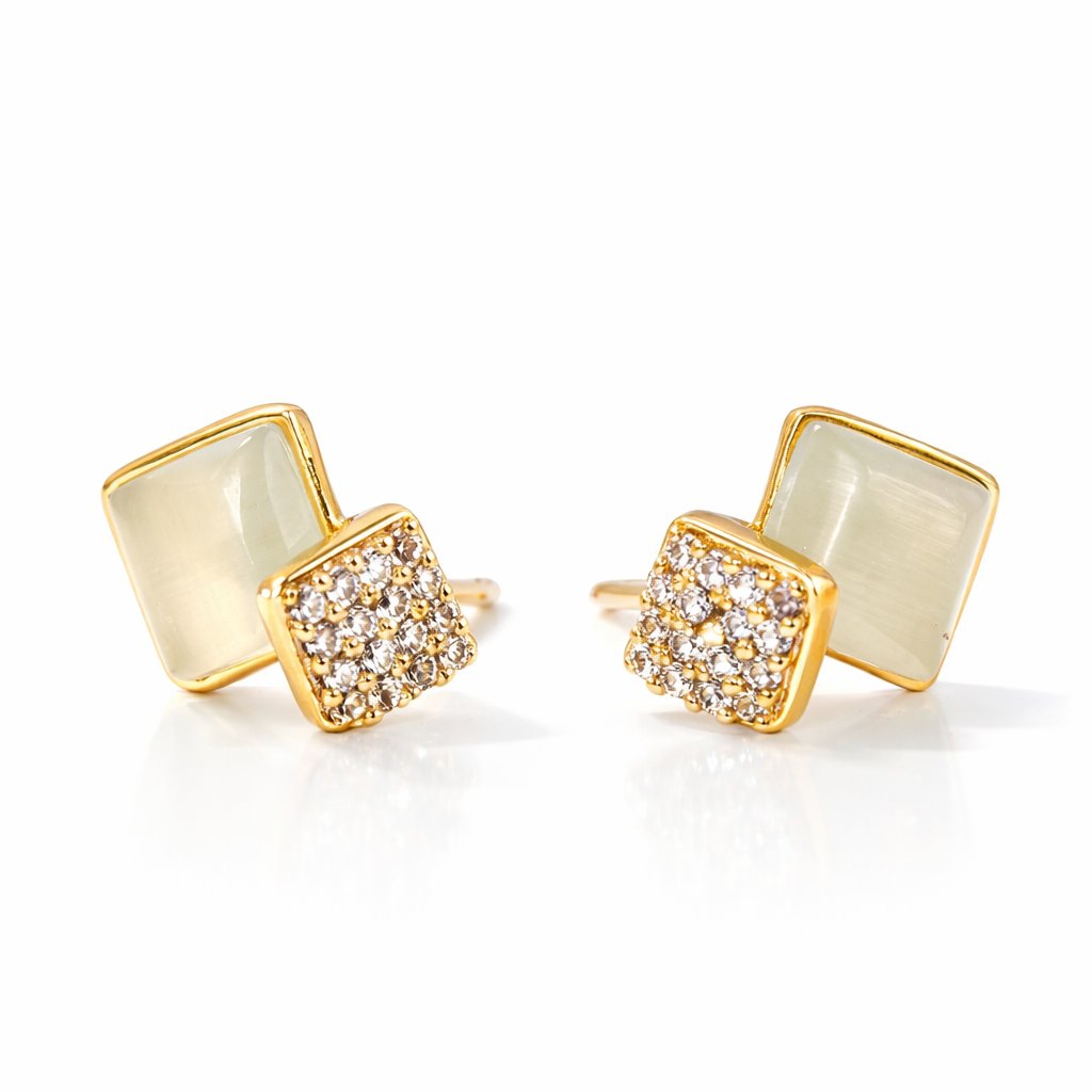 Gold AD Earrings for Women with square designs on a white background