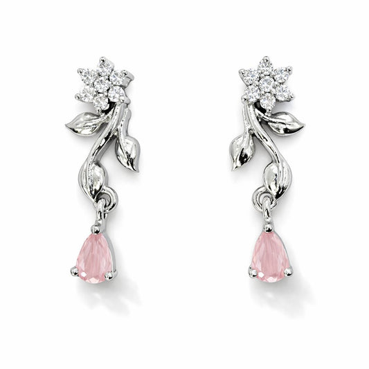 Silver AD Earrings for Women with pink teardrop stones on a white background