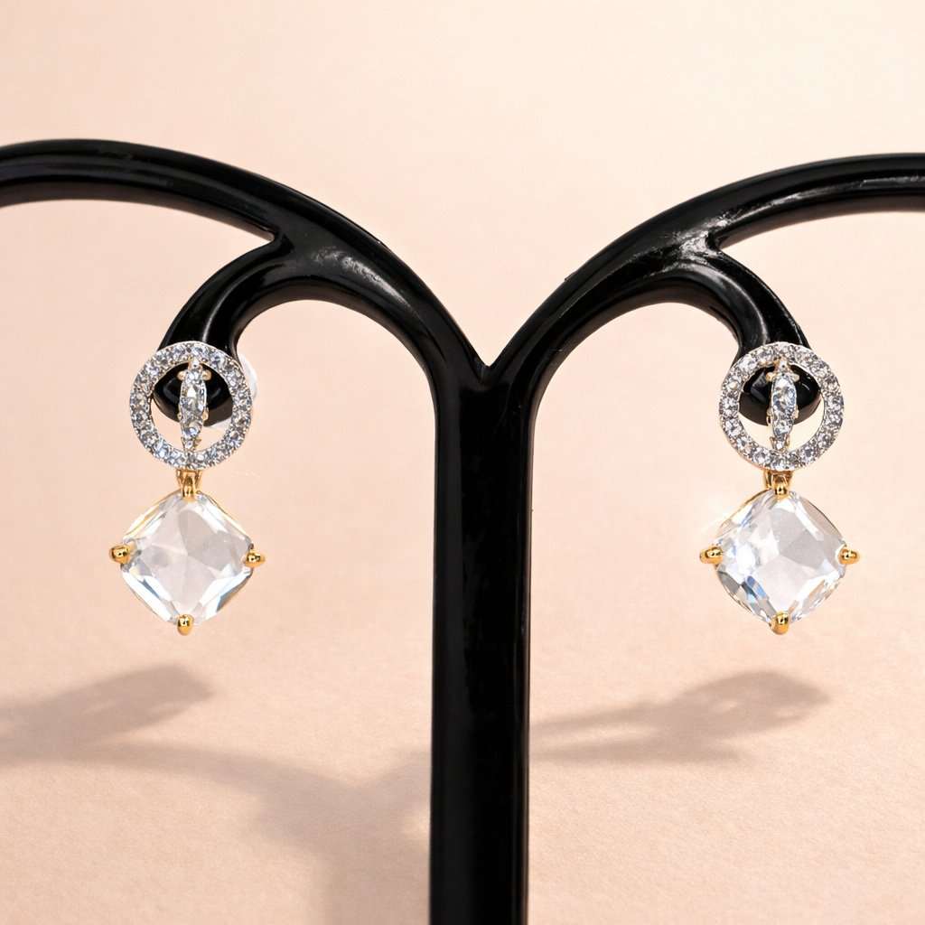 Pair of AD Earrings for Women with clear gemstones on a black stand against a beige background