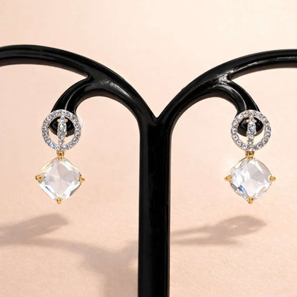 Pair of AD Earrings for Women with clear gemstones on a black stand against a beige background