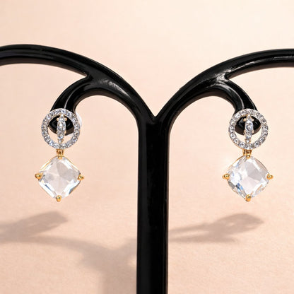 Pair of AD Earrings for Women with clear gemstones on a black stand against a beige background