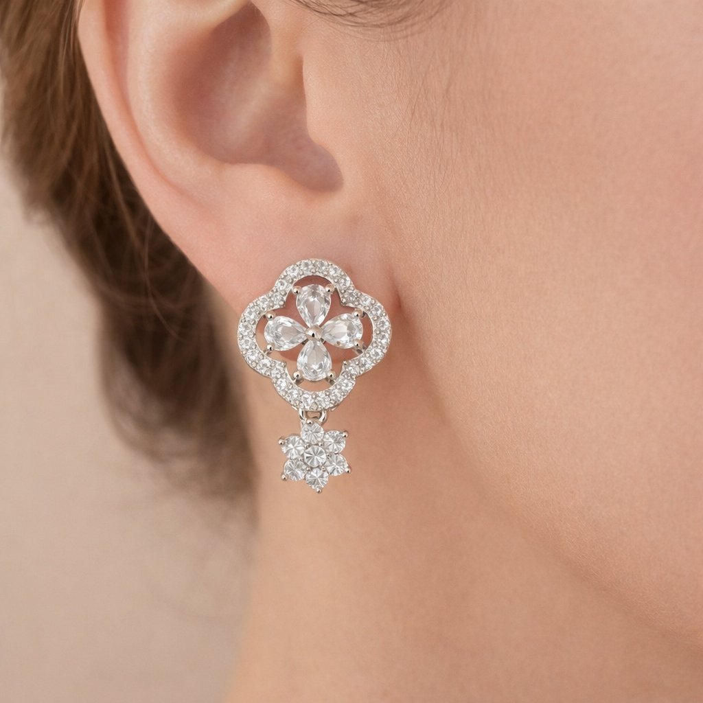 Close-up of a diamond AD Earrings for Women on an ear with a neutral background