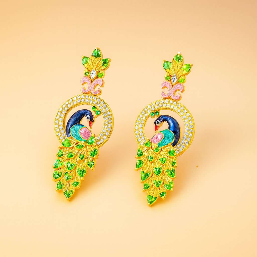 Ornate AD Earrings for Women with peacock design on a beige background