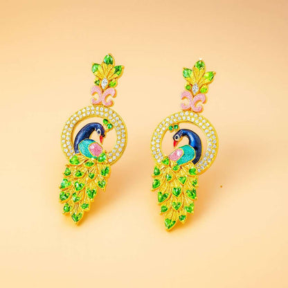 Ornate AD Earrings for Women with peacock design on a beige background