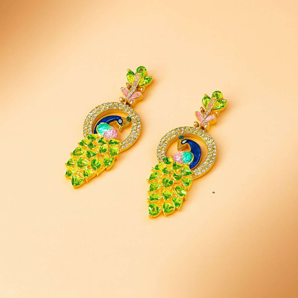 Colorful peacock-shaped AD Earrings for Women on a beige background