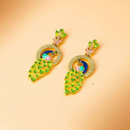 Colorful peacock-shaped AD Earrings for Women on a beige background