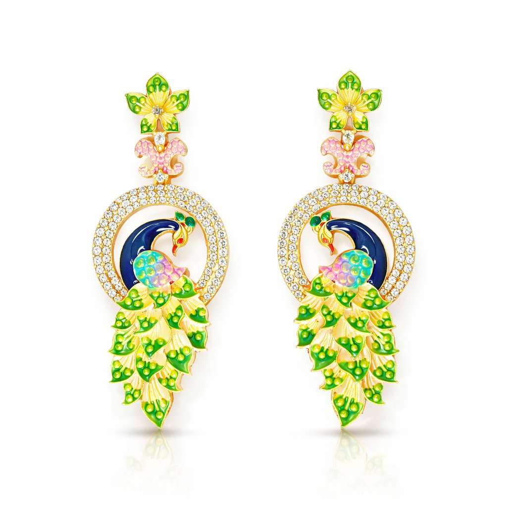 Pair of silver AD Earrings for Women with green gemstones on a white background