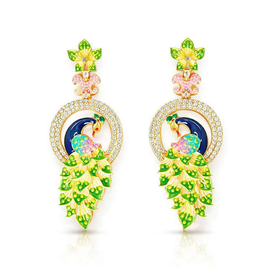 Pair of silver AD Earrings for Women with green gemstones on a white background